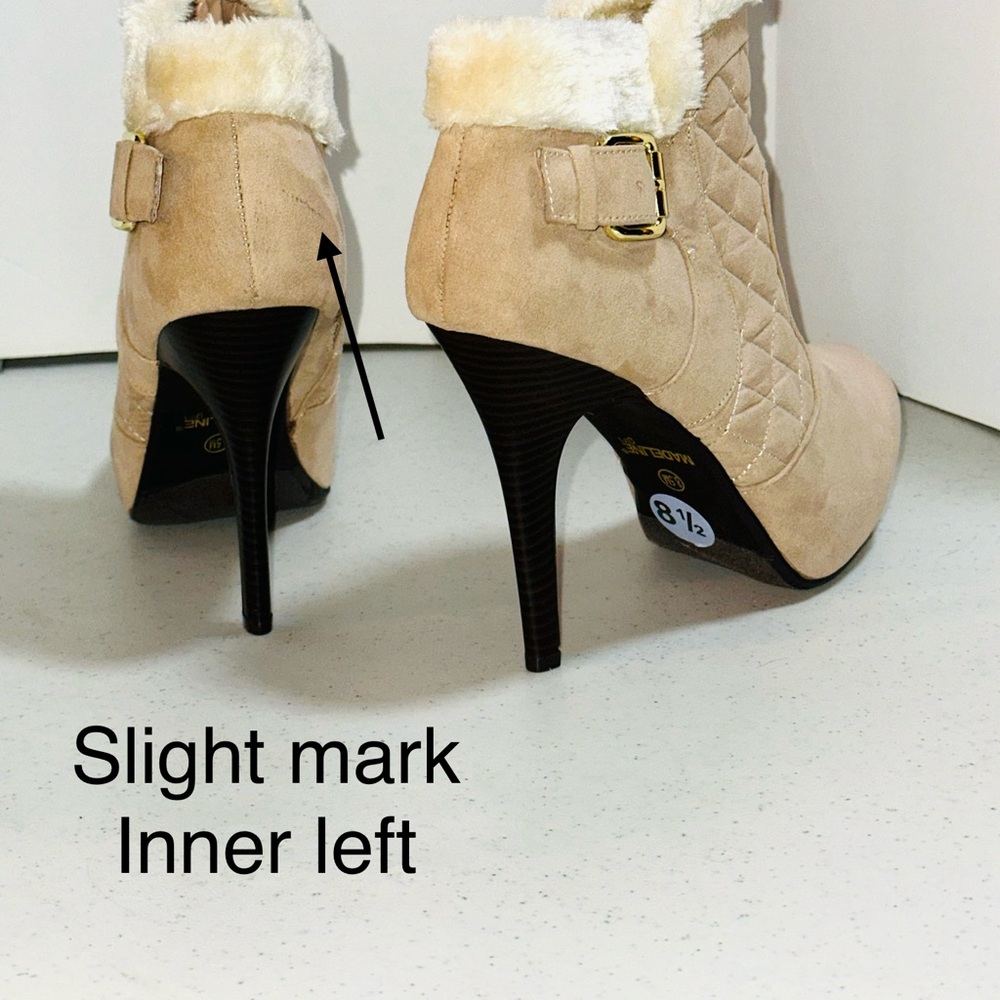 Madeline Girl Faux Suede and Fur Elegant Cream Heeled Boots New - Picture 10 of 10